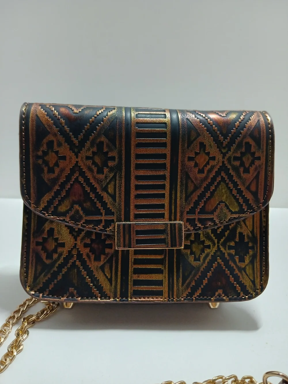 MMS Design Studio Brown and Gold Patterned Chain Crossbody Bag